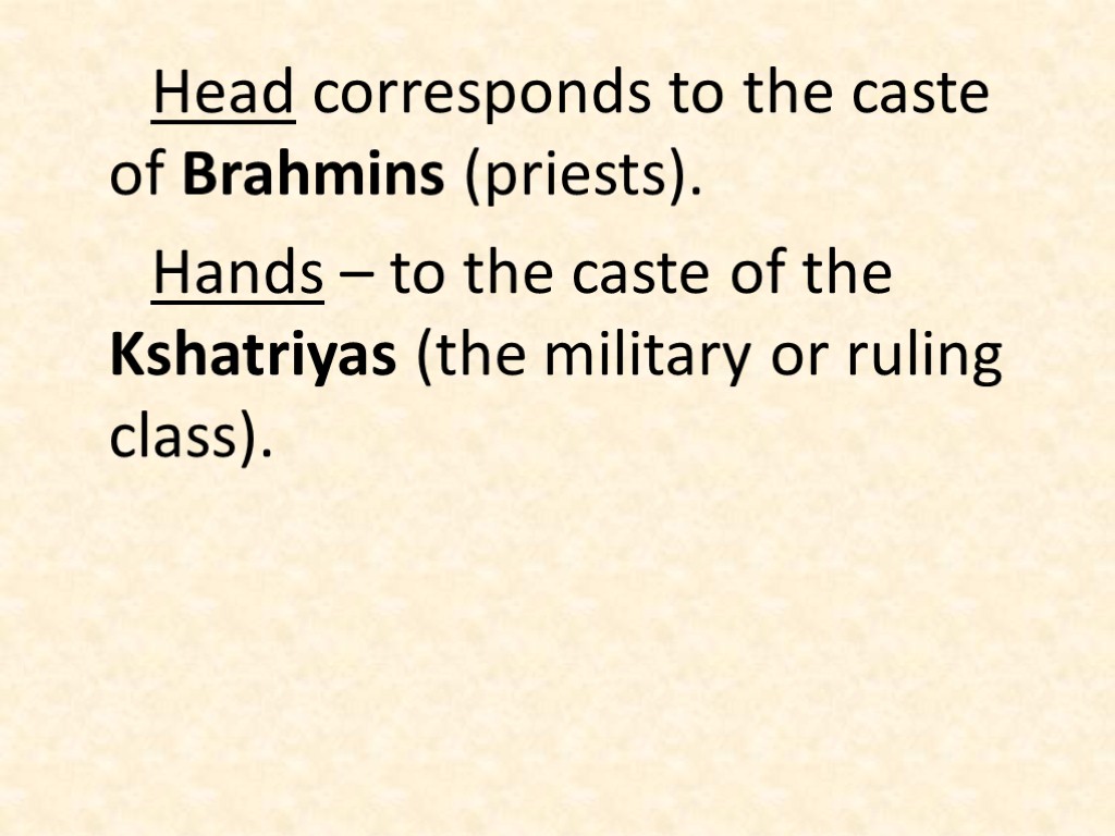 Head corresponds to the caste of Brahmins (priests). Hands – to the caste of